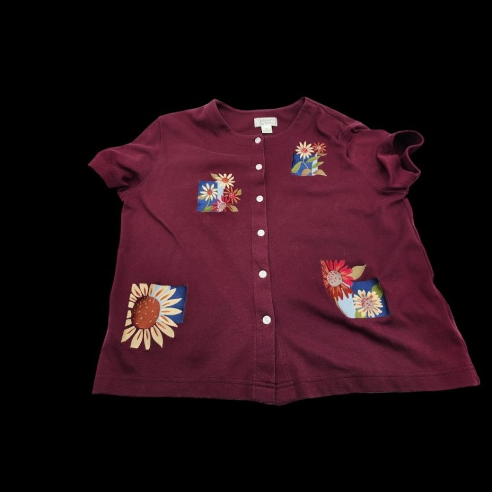 Christopher Banks Maroon and Flower Classic Cottagecore Light Sweater